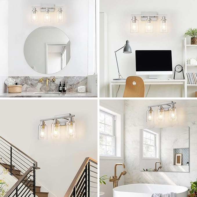 3 Light Bathroom Light Fixtures Brushed Nickel Vanity Light Over Mirror Modern Farmhouse Wall Lighting Sconces Wall Lamp for Bathroom, Bedroom, Living Room E26 Socket with Glass Shade