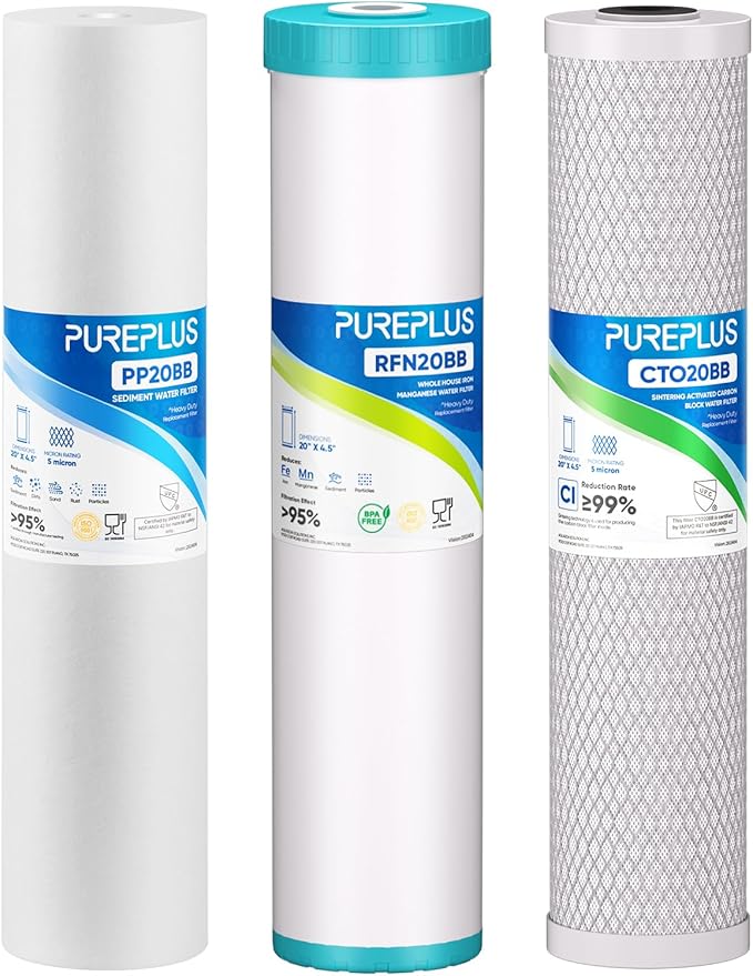 PUREPLUS 4.5"x20" 3-Stage Whole House Water Filter Cartridge, Sediment, Iron &Manganese Reduction, Carbon Block, Replacement for F3WGB32BM, AP810-2, FM25B, RFFE20-BB, EPM-20BB, FC25B, P5-20BB
