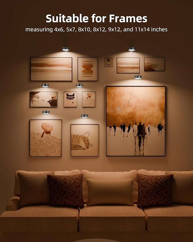 EZVALO Picture Lights for Wall, 2000mAh Rechargeable Battery Magnetic Poster Lights with 3 Color Temps & 12 RGB, Remote Dimmable Timer Painting Light, Wall Decor Light for Art Display, Frame (6 Pack)