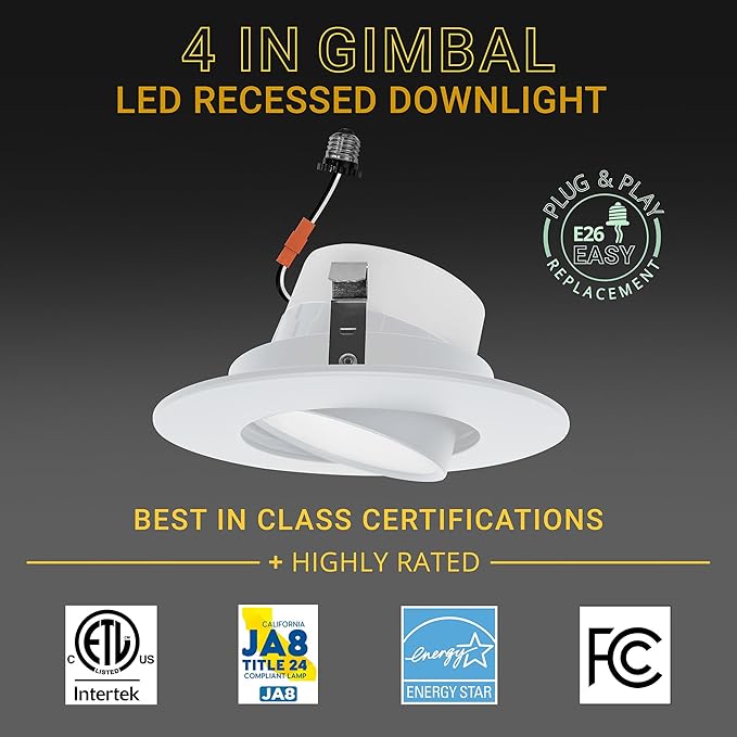 NUWATT 24 Pack 4 Inch Gimbal LED Recessed Lighting Retrofit, 4" Sloped Ceiling Light, 5 CCT 2700K/3000K/3500K/4000K/5000K, Dimmable, High Output 750LM, 10W, 90 CRI Eyeball Lights, Aluminum Trim, ETL