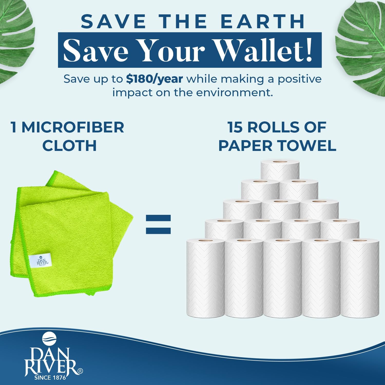 DAN RIVER 12-Pack Green Microfiber Towels – Ultra Absorbent, Lint-Free & Streak-Free Terry Cloth Rags for Home, Car & Kitchen - Must-Have Cleaning Essentials - 12" x 12"