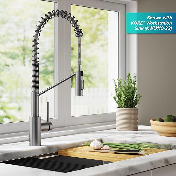 KRAUS Oletto Commercial Style Single Handle Pull Down Kitchen Faucet with QuickDock Top Mount Installation Assembly in Spot Free Stainless Steel, KPF-2631SFS