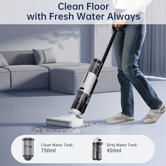 JONR ED12 Lite Wet Dry Vacuum Cleaner, Cordless Vacuum Mop with Self-Cleaning, 0.1” Edge Cleaning, Lightweight (7.7lbs), for Hard Floors & Pet Hair, Anti-Tangle Design