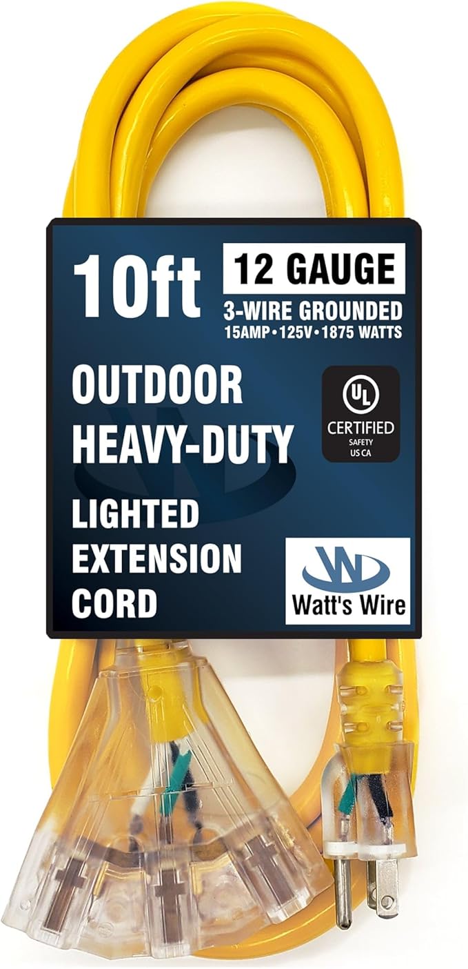 Outdoor Extension Cord Waterproof (10 ft) 12 Gauge Heavy Duty Extension Cord Splitter - Lighted Outdoor Extension Cords with Multiple Outlets - Watts Wire - 10' Grounded - extensiones electricas