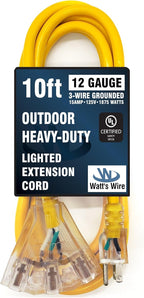 Outdoor Extension Cord Waterproof (10 ft) 12 Gauge Heavy Duty Extension Cord Splitter - Lighted Outdoor Extension Cords with Multiple Outlets - Watts Wire - 10' Grounded - extensiones electricas