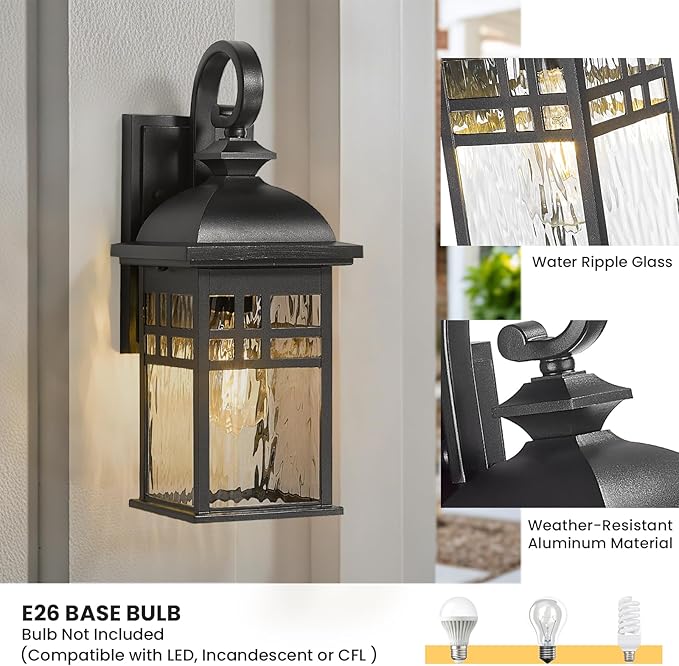 Outdoor Light Fixtures Black Aluminum Outside Wall Lantern with Water Ripple Glass Waterproof Wall Sconce Porch Lights for Patio Doorway 2-Pack E26 Socket