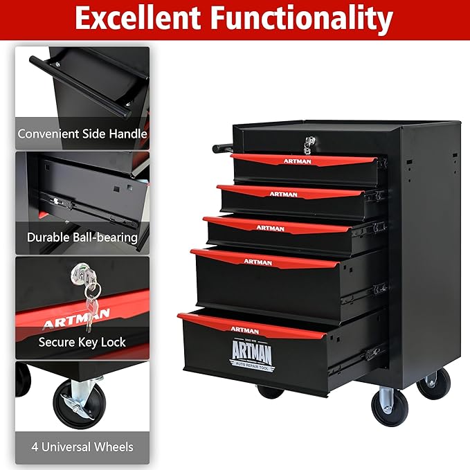 5-Drawer Steel Rolling Tool Cart with Wheels & Handle, Heavy-Duty Tool Chest Storage Cabinet for Garage and Workshop