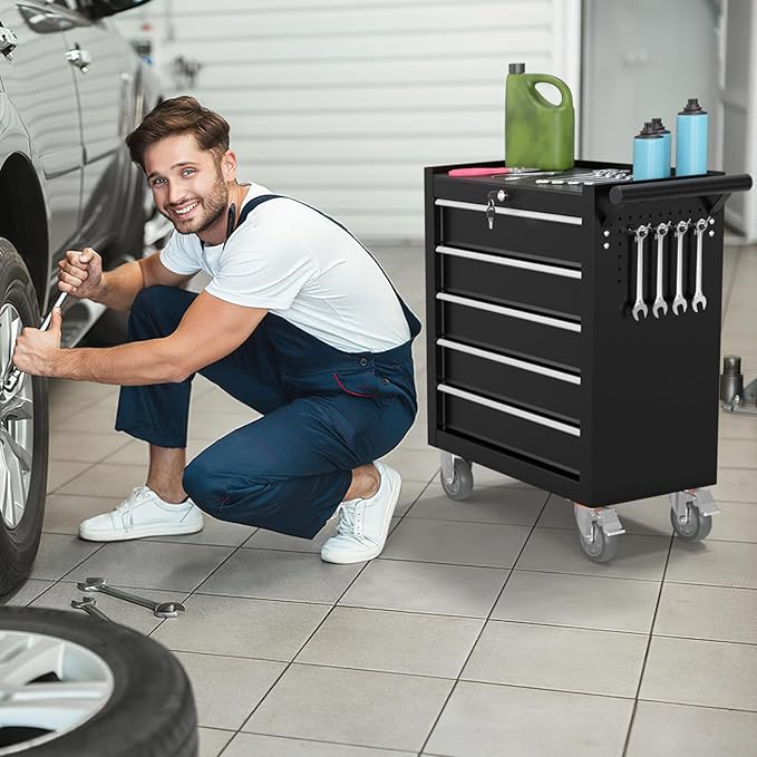 5-Drawer Rolling Tool Chest, Tool Box with 4 Wheels and Drawers, High Capacity Detachable Mobile Tool Storage Cabinet for Garage, Workshop, Mechanics and Repair Room (Black)