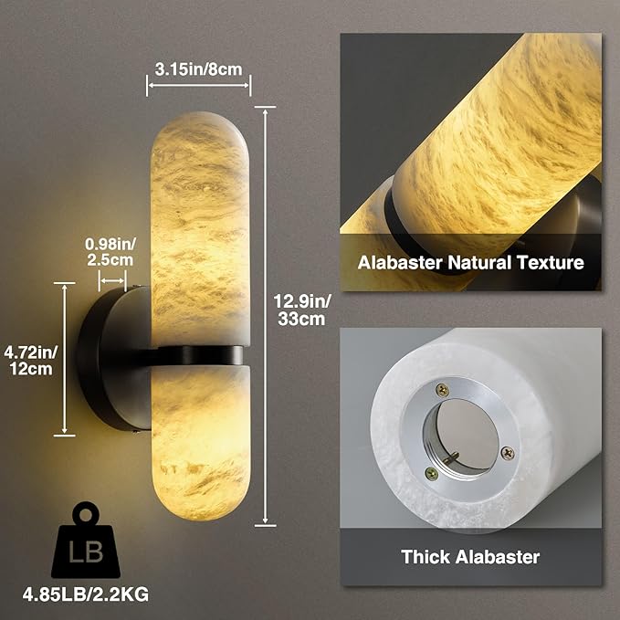 Alabaster Wall Sconces, 13in Black Alabaster Sconce, Modern Spanish Natural Marble Sconces Lights, Sconces for Bathroom Vanity Bedroom Living Room Staircases Hallway