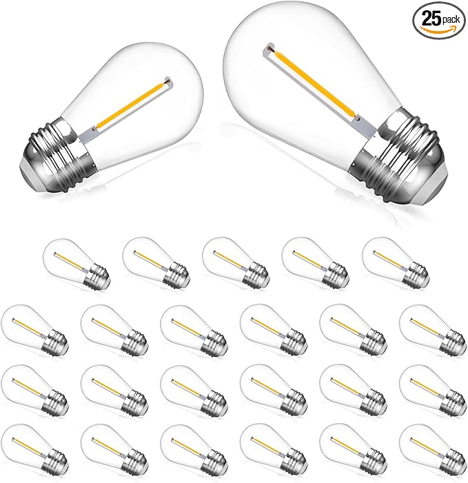 25 Pack S14 Replacement Bulbs for String Lights, 1W LED Waterproof Shatterproof Outdoor Light Bulbs, 2200K Amber Warm White, E26 Base, Non-Dimmable