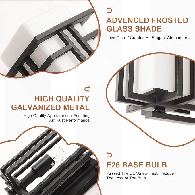 Outdoor Porch Light Wall Mounted Waterproof Wall Lantern Exterior Light Fixture for Entryways Yards Garage Front Porch, Square Metal Frame with Frosted Glass, Black