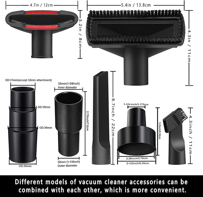 12Pcs Universal Vacuum Attachment Professional Shop Vac Accessories Wet Dry Vacuum Hose Adapter with Hair Brush Extension Wand Flexible Crevice Tool fit 2 1/2" to 1 1/4" and 1 7/8" to 1" Vacuum Hose