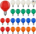 25 Pack G40 Replacement Bulbs, Multicolor Christmas Replacement Light Bulbs for Christmas String Lights, Indoor Outdoor Holiday Decor, E12 Candelabra Base, 5 W Incandescent Night Light Bulbs