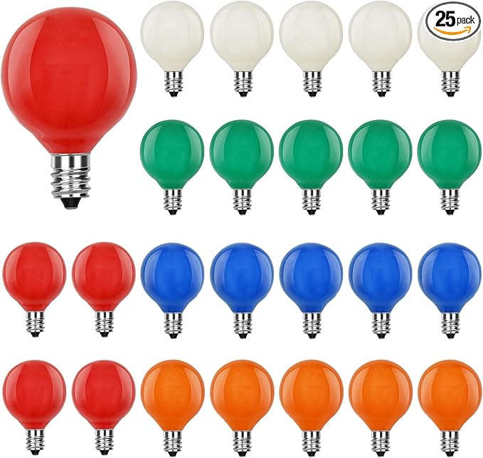 25 Pack G40 Replacement Bulbs, Multicolor Christmas Replacement Light Bulbs for Christmas String Lights, Indoor Outdoor Holiday Decor, E12 Candelabra Base, 5 W Incandescent Night Light Bulbs