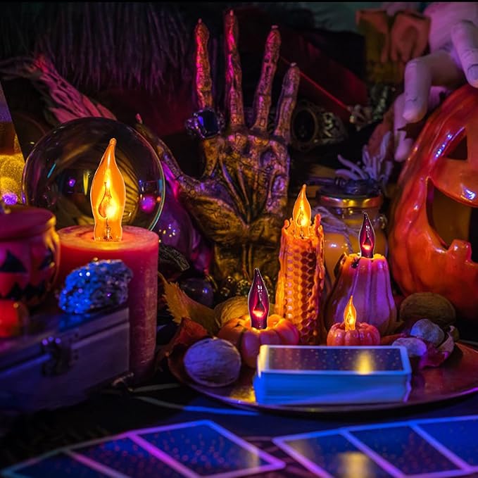 12 Pack Halloween Lights, C7 Clear Orange and Purple Flickering Flame Replacement Bulbs for String Lights Outdoor, E12 Base, Flame Bulbs for Halloween Indoor Outdoor Garden Patio Party Decorations