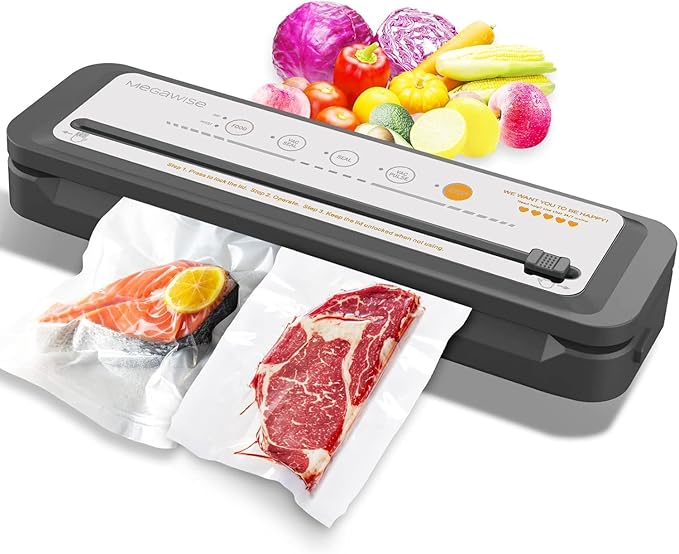 MEGAWISE Vacuum Sealer Machine, Portable Strong Suction Power Food Sealer, Bags and Cutter included with External Vacuum Function, Freshness Saver（Silver)