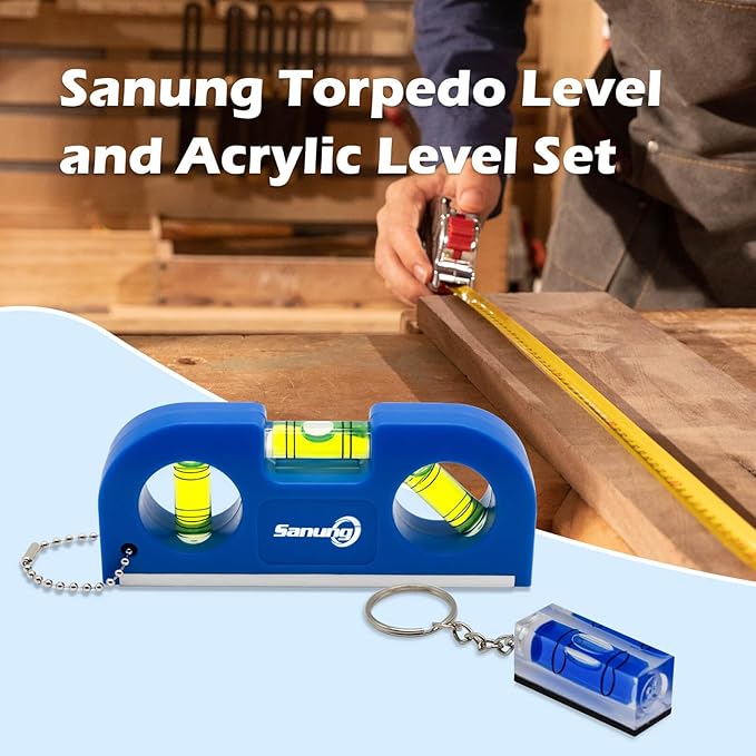 Sanung Magnetic Level Set, 2PCS Portable Bubble Torpedo + 2PCS Acrylic Spirit Levels with Keychain for Quick Attach, 45 90 180 Degree Measurement