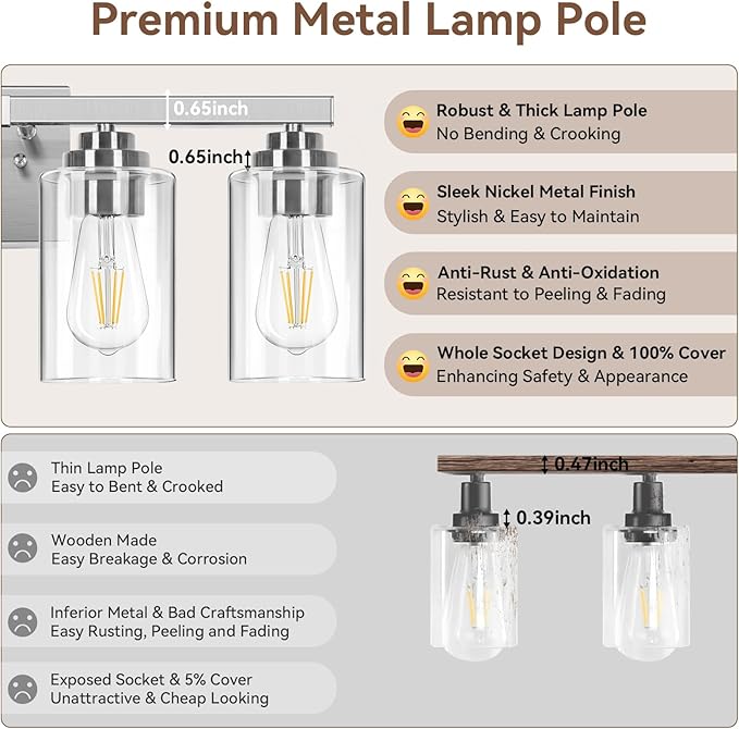 4-Light Bathroom Light Fixtures, 27" Modern Vanity Lights Over Mirror with Clear Glass Shades, Brushed Nickel Wall Sconce, Classic Wall Light Fixture for Mirror Living Room Cabinet Bedroom Porch