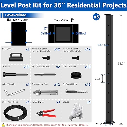 36" Expandable 8-12FT Black T304 Cable Railing Post Kit, Complete Cable Railing System with 3 Level Posts & 134ft 1/8" Wire Rope(No Handrail), Adjustable Length Easy DIY for Decks/Porch
