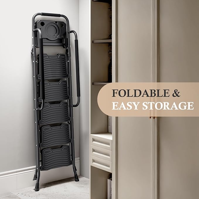 KINGRACK 5 Step Ladder with Tool Platform, 900 lbs Sturdy Step Stool with Handrail, Folding Steel Ladder with Wide Pedal, Safety Ladder for Adults Home Outdoor Painting Garage Office