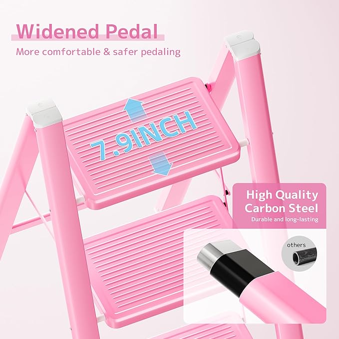 GameGem Pink Step Ladder 3 Step Folding, Small Step Stool for Women to Reach Higher Places, Widen 7.9Inch Pedal for Comfortable Use, Anti-Slip Foot for Safe Use, Sturdy and Fold Thin, 330Lbs Load