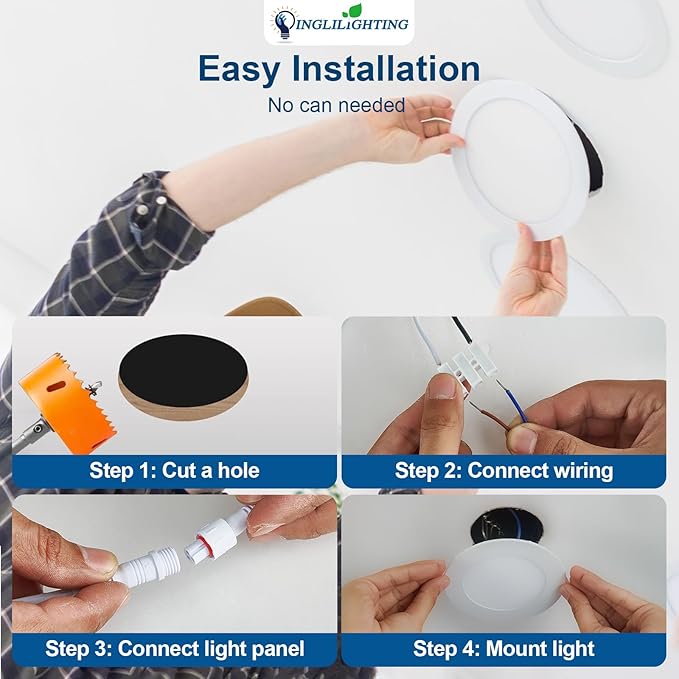 DLLT LED Recessed Lighting 4 Inch: 6 Pack Slim LED Recessed Ceiling Light for Kitchen - 5CCT Dimmable Canless Wafer Downlight for Living Room - 900LM Brightness 9W Can Lights for Bedroom ETL FCC