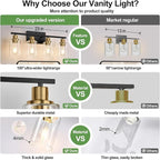 4-Light Bathroom Light Fixtures, Black and Gold Modern Vanity Lights with Clear Glass Shades, Bathroom Wall Lamp for Mirror Living Room Cabinet Bedroom Porch