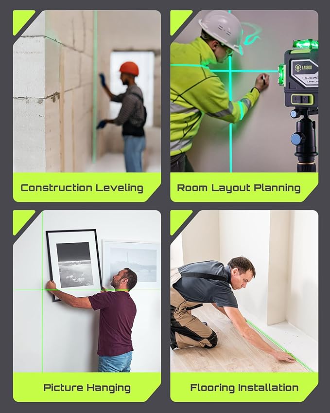 LasGoo LG-3DMAX 3x360° Green Laser Level, 3D Self-Leveling Cross Line Laser with 2 Rechargeable Lithium Batteries, Fine-Tuning Bracket Adapter, Green Laser Enhancement Glasses, and Hard Carrying Case