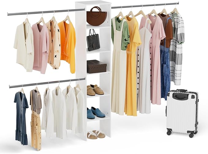 Closet System, 17" Wide Organizer with 3 Hanging Rods, Wood Tower Storage for Walk-In Closets, Wall-Mounted Wardrobe Organizer Kit, White