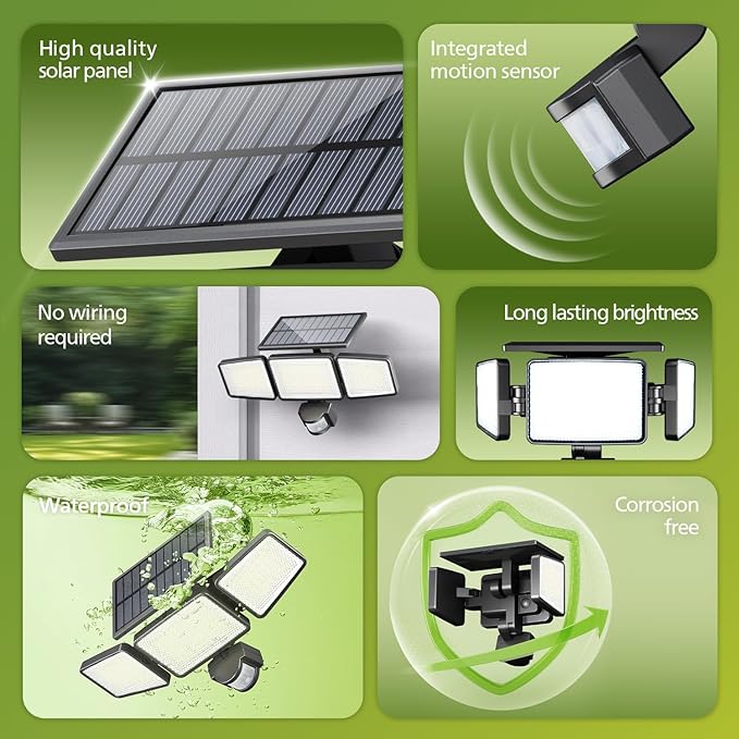 Philips Solar Security Light Outdoor 302 LED 1200lm，Solar-Powered Waterproof Wall-Mounted Flood Light w/PIR Motion Sensor, 3 Heads, IP65 Waterproof, 3 Modes (4 Packs)
