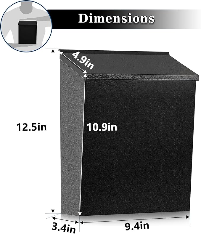 KYODOLED Convenient and Durable Wall Mount Mailbox for Outside, Easy Installation, Ample Storage Space to Accommodate Standard-Sized Letter, Magazine, Check, Black, Drop Box for Home or Apartment