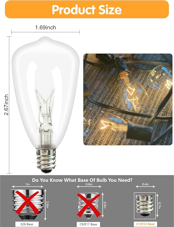 25-Pack ST35 Light Bulbs Replacement Edison Clear Bulbs -5 Watts C7/E12 Screw Base for Indoor/Outdoor Patio String Lights