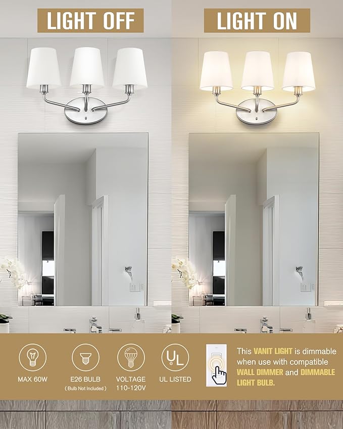 Emak 3-Light Vanity Lights for Bathroom, Brushed Nickel Bathroom Light Fixtures Over Mirror Modern Wall Sconce with Flared White Fabric Shade, VL132-BN-WF-3