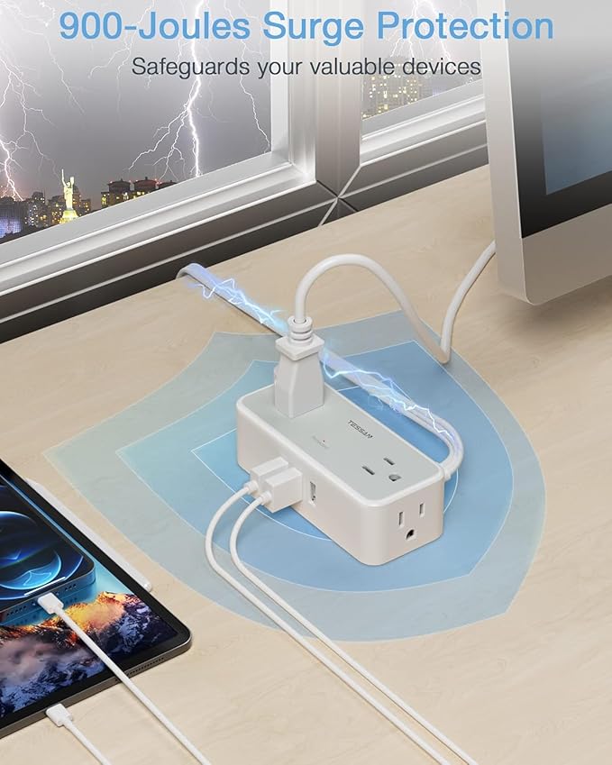 Ultra Thin 5FT Flat Extension Cord, TESSAN Surge Protector Flat Plug Power Strip, 4 Wide Spaced AC Outlets 3 USB A, 900 Joules Protection, Suitable for Home Office Dorm