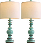 BOBOMOMO 24" Farmhouse Table Lamps Set of 2 – Distressed Teal Lamps with Linen Shades, Cottage Style Bedside Lamps for Bedroom, Living Room, or Entryway, Medium Height Lamps with Coastal Vintage Charm