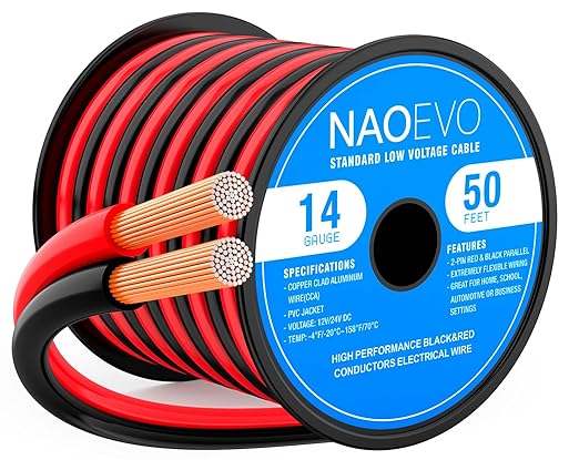 NAOEVO 14 Gauge Wire 50FT, 2 Conductors Electrical Wire Red Black Cable, Flexible/Low Voltage/PVC 14 AWG Copper Clad Aluminum Extension Cord for Speaker, LED Strips, Automotive 12V/24V DC