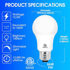 Energetic 6-Pack Dimmable LED Light Bulbs 100 Watt Equivalent, 1500 Lumens 12.5W, Warm White 3000K, E26 LED Bulb, 15000 Hrs, ETL Listed