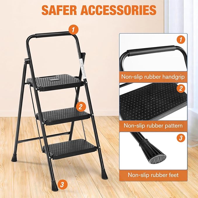 Sweetcrispy 3 Step Ladder, 800lbs Folding Step Stool with Wide Anti-Slip Pedal, Sturdy Ladder, Convenient Handrail, Lightweight, Portable Step Stool