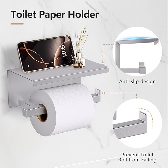 TQKAG 5-Pieces Brushed Nickel Bathroom Hardware Accessories Set 23.6" SUS304 Stainless Steel Towel Bar Set Wall Mounted Square Toilet Paper Holder with Shelf