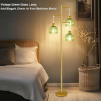 Glass Floor Lamps for Living Room, 3 Lights Mid Century Modern Standing Lamp with Foot Switch, Retro Gold Floor Lamp with Green Glass Shade, Vintage Tree Tall Lamps with Bulb for Bedroom Office