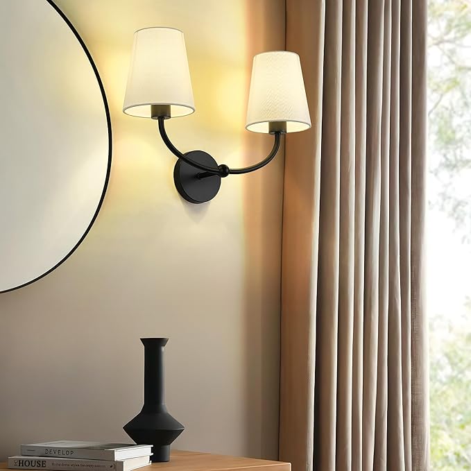 Emak Black Wall Sconces, 2-Light Bathroom Vanity Light Fixtures, Modern 19 Inch Bathroom Light Fixtures with White Fabric Shade for Bathroom, Living Room, Hallway, Bedroom, Stairway, VL116-BK-2