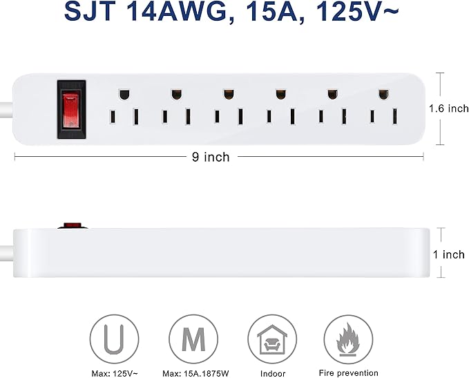 EXTRASTAR 6 Outlets Power Strip, 6 Ft Extension Cord 1875W,15A Build-in Circuit Breaker, Mountable, Thin Flat Plug, Desktop Charging Station for Home School Office, White