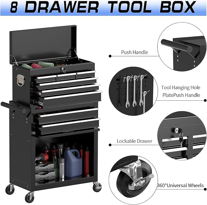 8 Drawer Rolling Tool Chest, High Capacity Tool Box with Lockable Wheels and Drawers, 2 in 1 Portable Toolbox Organizer Storage Cabinet For Garage, Warehouse, Repair Shop