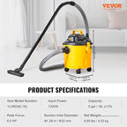 VEVOR Shop Vac Wet and Dry Vacuum Cleaner 5 Gallon 6 Peak HP - Powerful Suction with Blower Function & Attachments 2-in-1 Crevice Nozzle - Perfect for Car Carpet Debris Pet Hair Black/Yellow