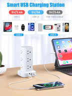 Tower Power Strip with 15W Wireless Charger, 10FT Flat Plug Extension Cord with Multiple Outlets, 12 AC Outlets, 4 USB Ports (2 USB C) Charging Station Surge Protector for Office Home Dorm Room(White)
