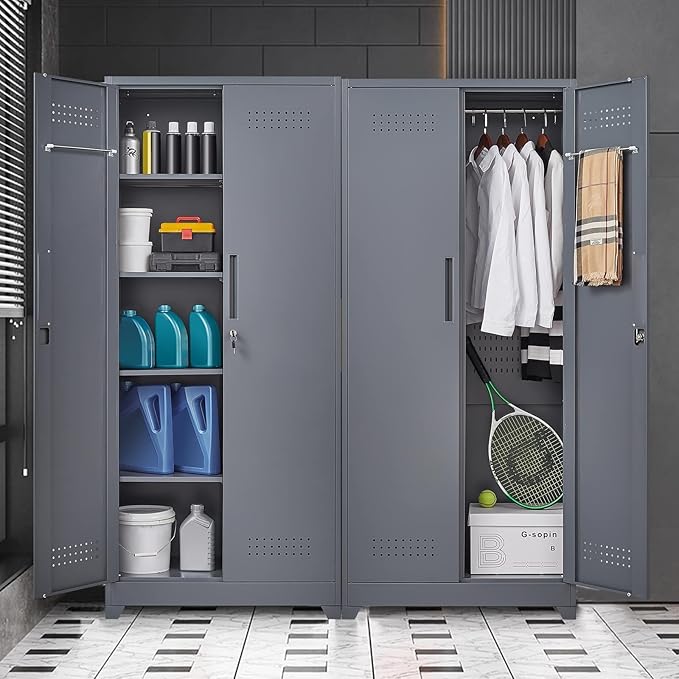 FLEXIMOUNTS 65'' Tall Metal Storage Cabinet with Locking Door, Large Cleaning Tool Organizer for Brooms, Garage, Laundry Room, Bathroom, Dark Grey