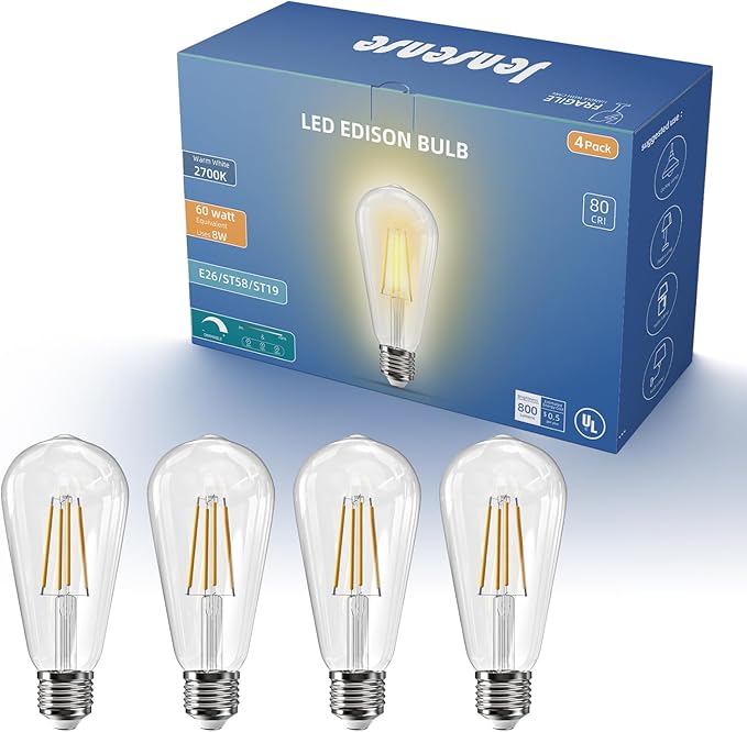 Jensense Edison LED Light Bulbs 8Watt Dimmable, 2700K Warm White, E26 Base, 60watt Equivalent, Vintage Bulbs 800lm CRI 90 Clear Glass, 4 Pack