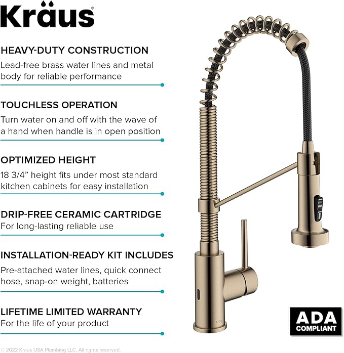 KRAUS Bolden Touchless Sensor Commercial Style 2-Function Single Handle Pull Down Kitchen Faucet in Spot-Free Antique Champagne Bronze, KSF-1610SFACB