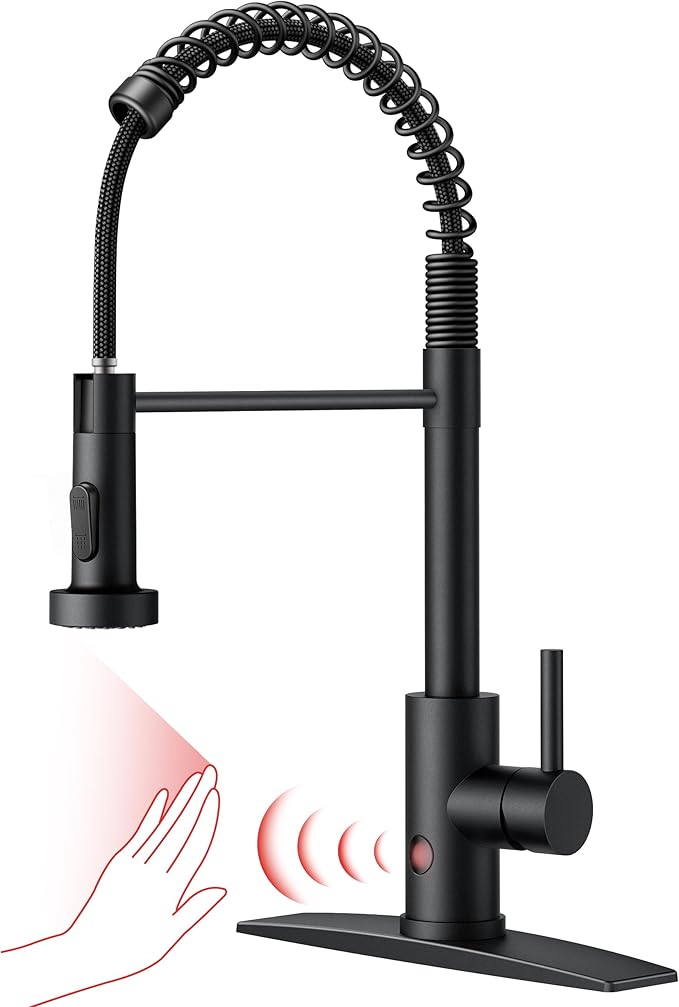 FORIOUS Touchless Kitchen Faucet Black, Smart Motion Sensor Spring Sink Faucet with Pull Down Sprayer Commercial Contemporary Hands-Free for Pot Filler, Farmhouse Camper Laundry Camper