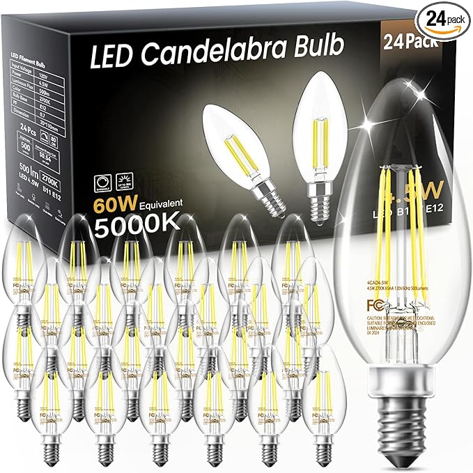 VOLIVO 24 Pack Chandelier LED Bulbs,B11 Candelabra 4.5W, 60 Watt Equivalent, 5000K Clear Glass Filament, E12 Standard Base,Daylight,Classic Edison Fan (Non-dimmable)